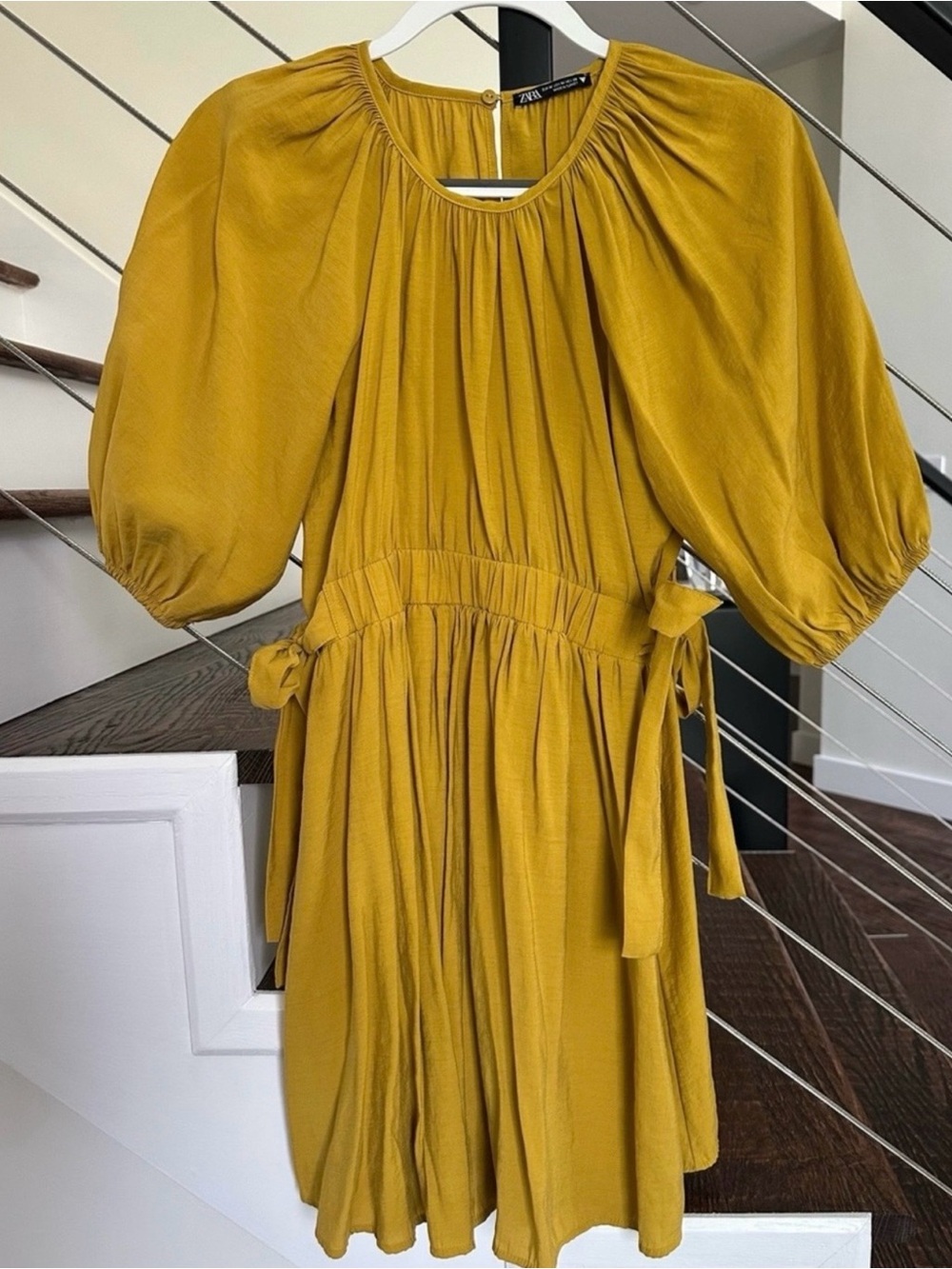 Zara Mustard Yellow Gathered Neck  Puff Sleeve Mini Dress Tie Waist Size: Medium